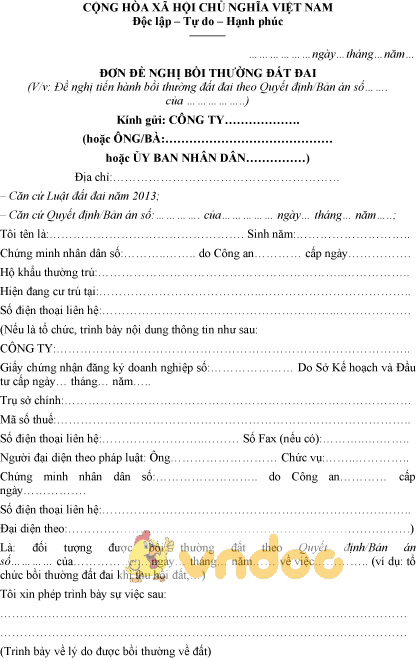 Mẫu đơn đề nghị bồi thường đất đai