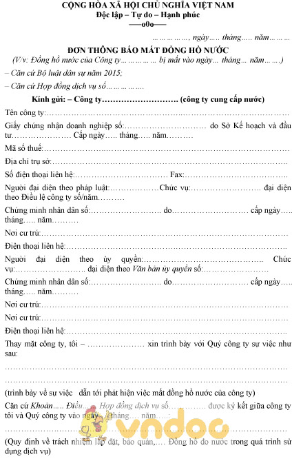 Mẫu đơn thông báo mất đồng hồ nước