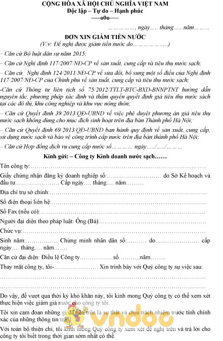 Mẫu đơn xin giảm tiền nước