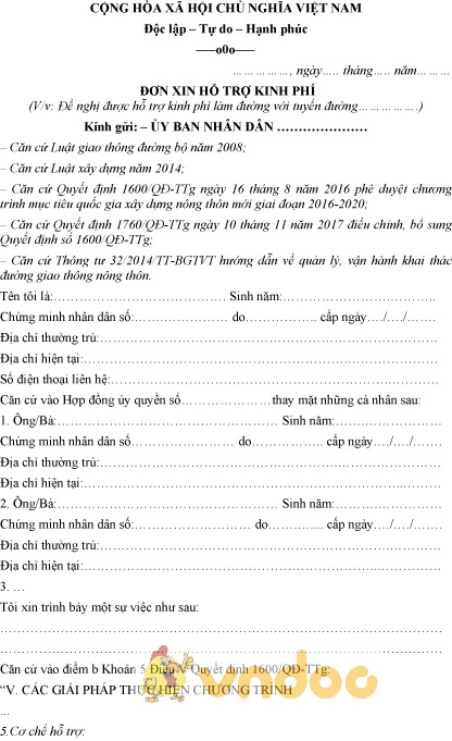 Mẫu đơn xin hỗ trợ kinh phí làm đường giao thông nông thôn