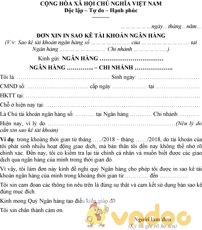 Mẫu đơn xin in sao kê tài khoản ngân hàng