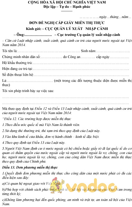 Mẫu đơn xin miễn thị thực 5 năm