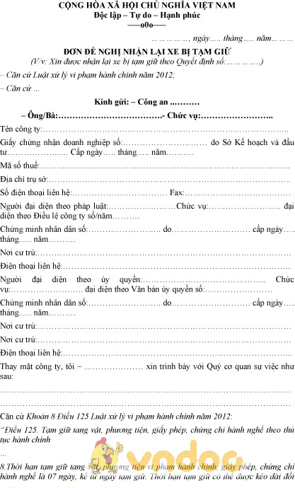 Mẫu đơn xin nhận lại xe bị tạm giữ
