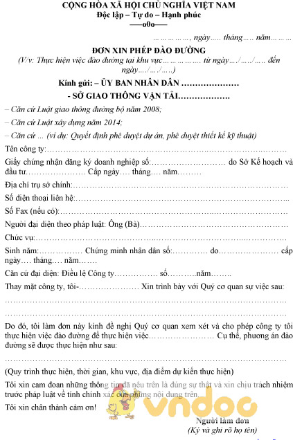 Mẫu đơn xin phép đào đường