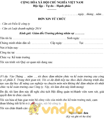 Mẫu đơn xin từ chức kế toán trưởng