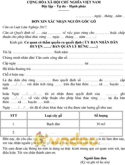 Mẫu đơn xin xác nhận nguồn gốc gỗ