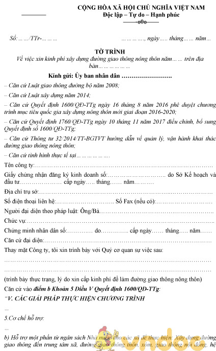 Mẫu tờ trình xin kinh phí xây dựng đường giao thông nông thôn