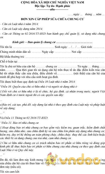 Mẫu đơn xin cấp phép sửa chữa chung cư