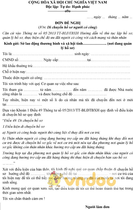 Mẫu đơn xin di chuyển hồ sơ người có công