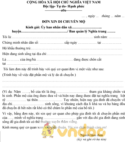 Mẫu đơn xin di chuyển mộ