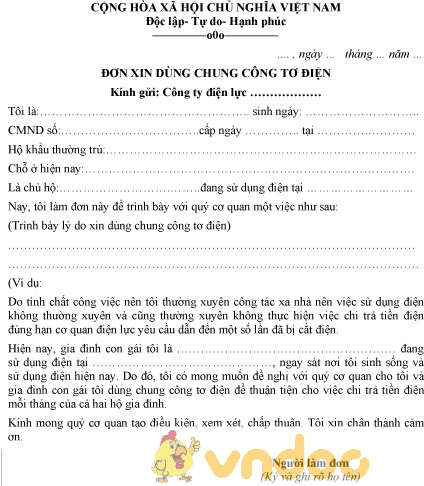 Mẫu đơn xin dùng chung công tơ điện