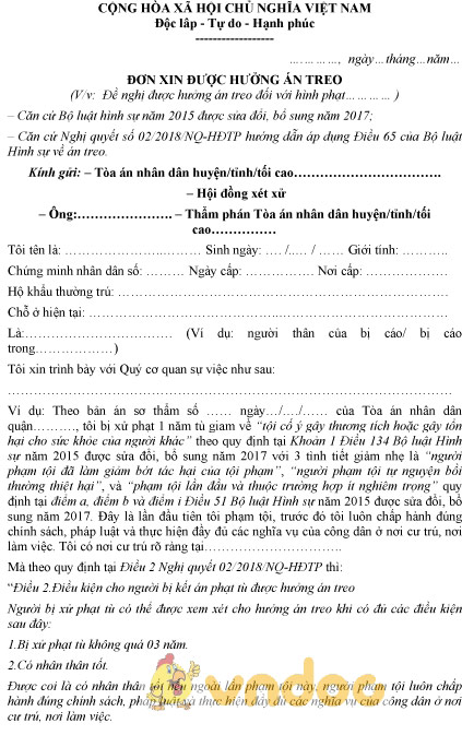 Mẫu đơn xin được hưởng án treo