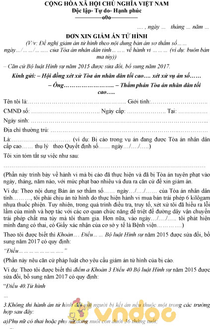 Mẫu đơn xin giảm án tử hình