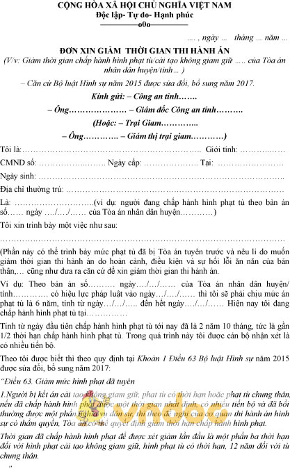 Mẫu đơn xin giảm thời gian thi hành án