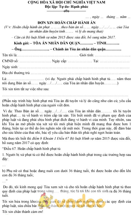 Mẫu đơn xin hoãn chấp hành án do mang thai