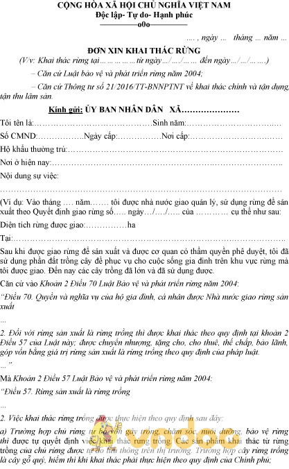 Mẫu đơn xin khai thác rừng