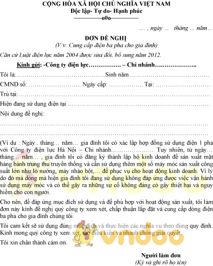 Mẫu đơn đề nghị cung cấp điện 3 pha cho gia đình