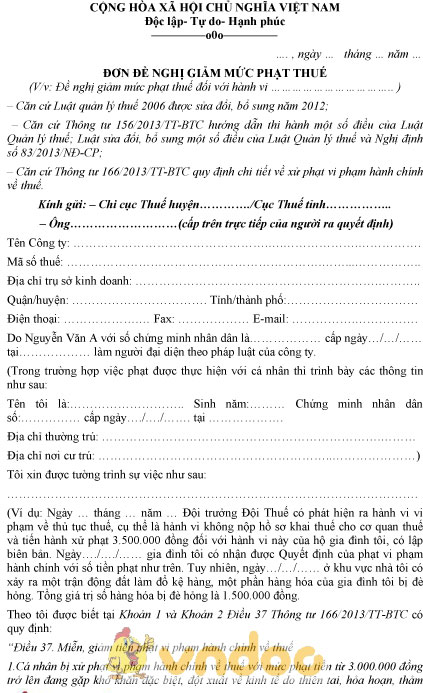 Mẫu đơn đề nghị giảm mức phạt thuế
