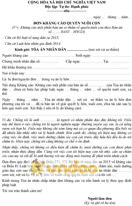 Mẫu đơn kháng cáo quyền nuôi con