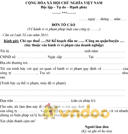 Mẫu đơn tố cáo về việc doanh nghiệp làm sai pháp luật