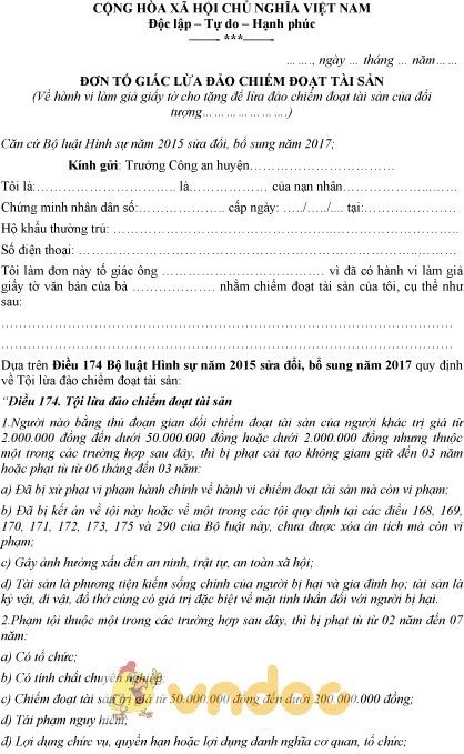 Mẫu đơn tố giác làm giả giấy tờ lừa đảo tài sản