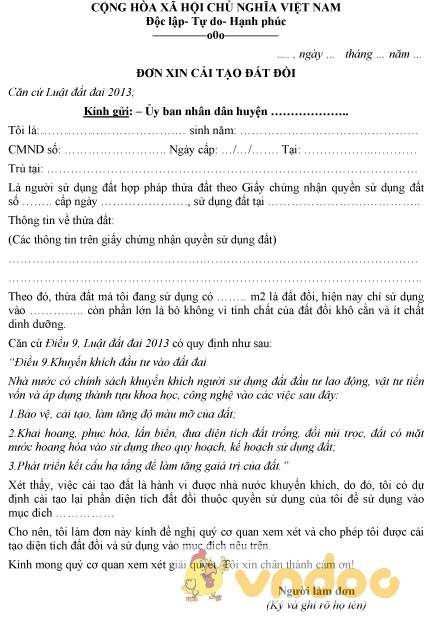 Mẫu đơn xin cải tạo đất đồi
