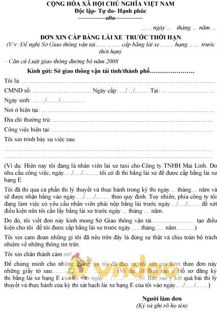Mẫu đơn xin cấp bằng lái xe trước thời hạn