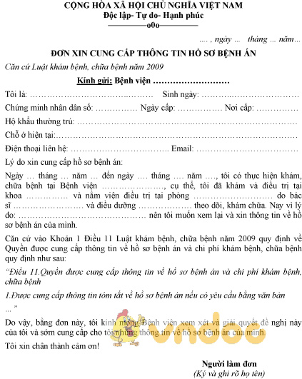Mẫu đơn xin cung cấp hồ sơ bệnh án