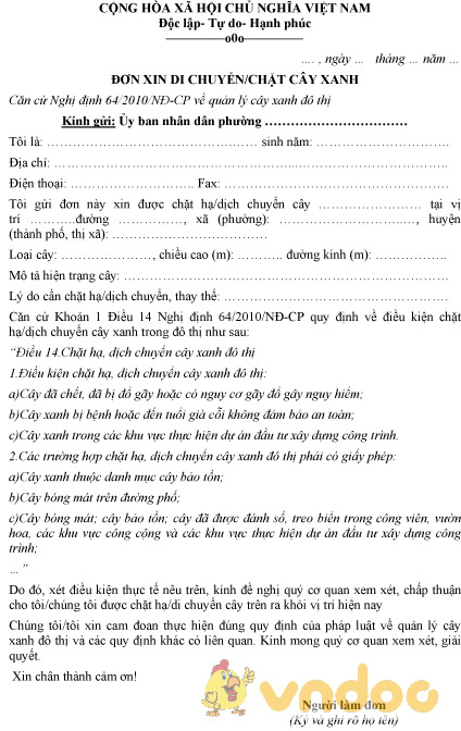 Mẫu đơn xin di chuyển, chặt cây xanh