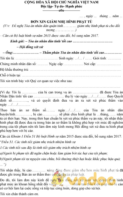 Mẫu đơn xin giảm nhẹ hình phạt tù