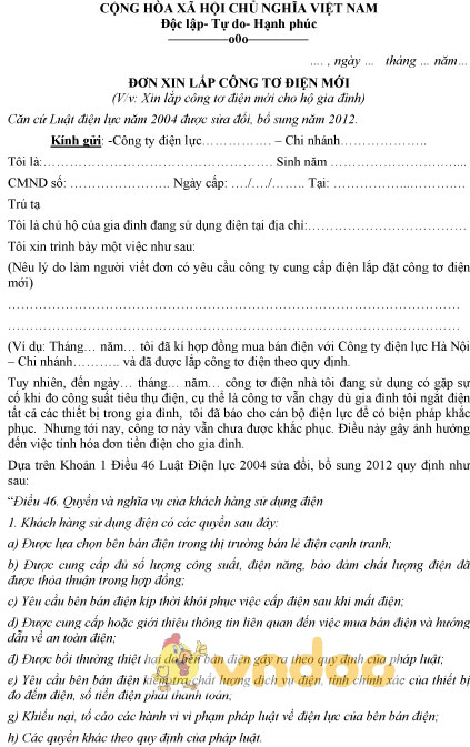 Mẫu đơn xin lắp công tơ điện mới