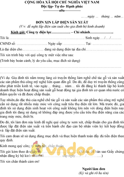 Mẫu đơn xin lắp điện sản xuất