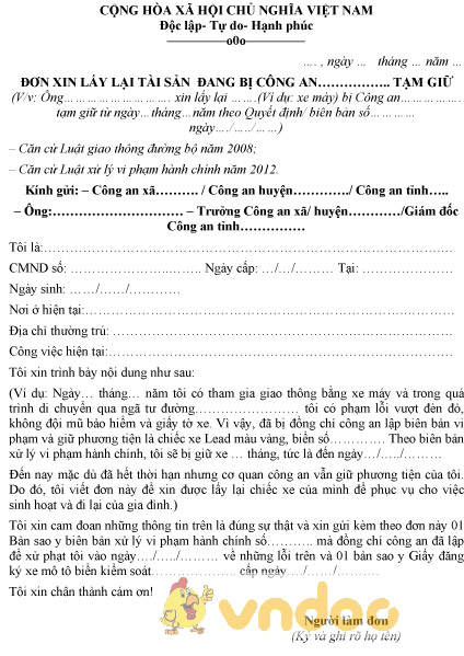 Mẫu đơn xin lấy lại tài sản bị công an tạm giữ