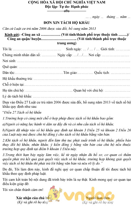 Mẫu đơn xin tách hộ khẩu