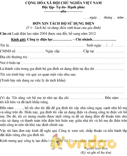 Mẫu đơn xin tách hộ sử dụng điện