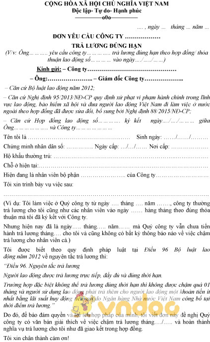 Mẫu đơn yêu cầu trả lương đúng hạn