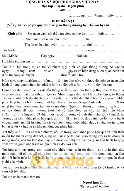 Mẫu đơn bãi nại trong vụ án tai nạn giao thông