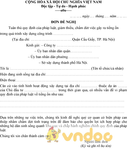 Mẫu đơn đề nghị chấm dứt giảm thiểu tiếng ồn xây dựng