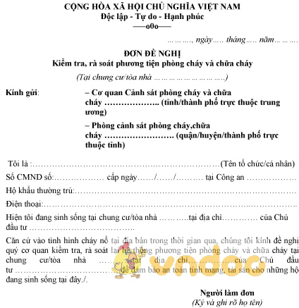 Mẫu đơn đề nghị kiểm tra, rà soát phương tiện phòng cháy và chữa cháy