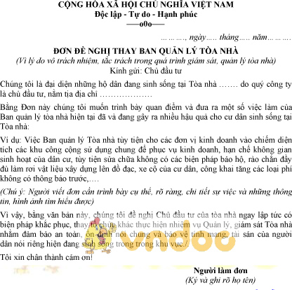 Mẫu đơn đề nghị thay Ban quản lý Tòa nhà