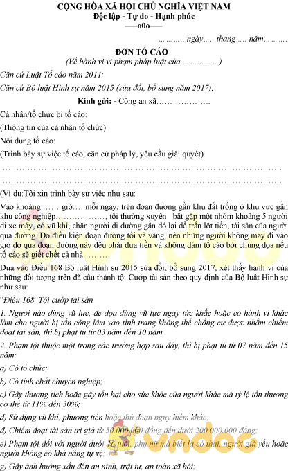 Mẫu đơn tố cáo nặc danh có nội dung rõ ràng
