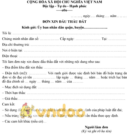 Mẫu đơn xin đấu thầu đất
