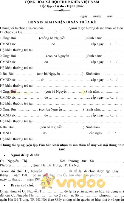 Mẫu đơn xin khai nhận di sản thừa kế