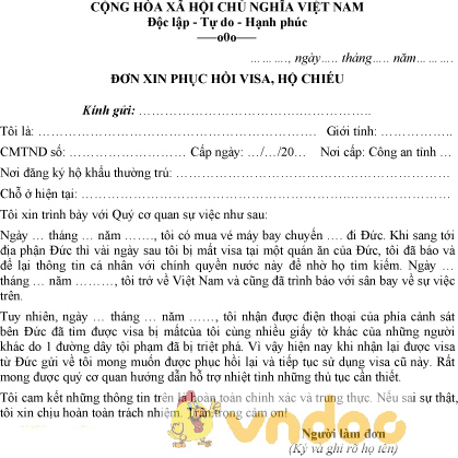 Mẫu đơn xin phục hồi visa, hộ chiếu đã báo mất