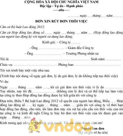 Mẫu đơn xin rút lại đơn thôi việc