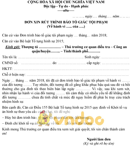 Mẫu đơn xin rút trình báo tố giác tội phạm