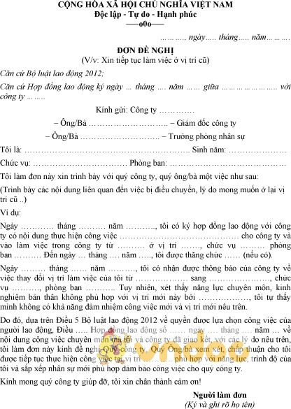 Mẫu đơn xin tiếp tục làm việc ở vị trí cũ