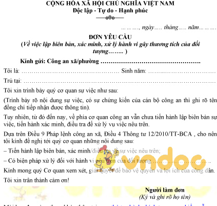 Mẫu đơn yêu cầu Công an xã lập biên bản về hành vi gây thương tích