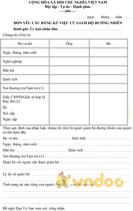 Mẫu đơn yêu cầu đăng ký việc cử người giám hộ đương nhiên