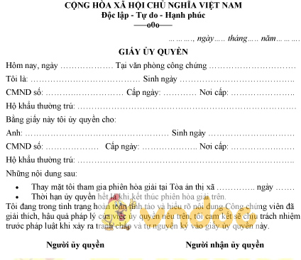 Mẫu giấy ủy quyền tham gia phiên hòa giải tại Tòa án